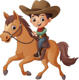 Fototapeta Pokój dzieciecy - Cartoon young cowboy riding on a horse