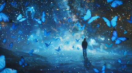 Wall Mural - minimalist starry night in a completely blue and vibrant universe with blue butterflies