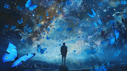 Wall Mural - minimalist starry night in a completely blue and vibrant universe with blue butterflies
