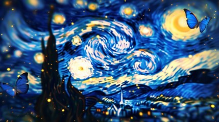 Wall Mural - minimalist starry night in a completely blue and vibrant universe with blue butterflies
