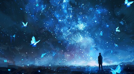 Wall Mural - minimalist starry night in a completely blue and vibrant universe with blue butterflies