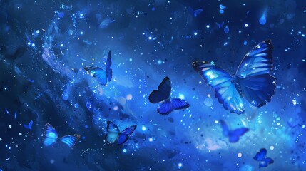Wall Mural - minimalist starry night in a completely blue and vibrant universe with blue butterflies
