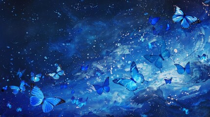 Wall Mural - minimalist starry night in a completely blue and vibrant universe with blue butterflies