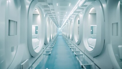 Poster - Interior of a cruise ship with white cabins and a bed, A compact, space-efficient capsule hotel in Tokyo, AI Generated