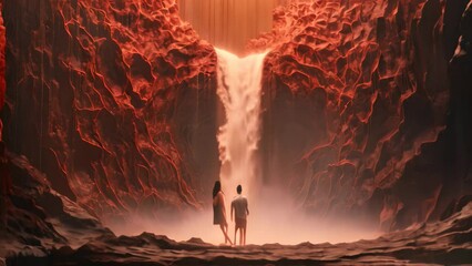 Poster - Man and woman standing in a cave and looking at a waterfall, A couple holding hands, walking along a sandy beach during sunrise, AI Generated