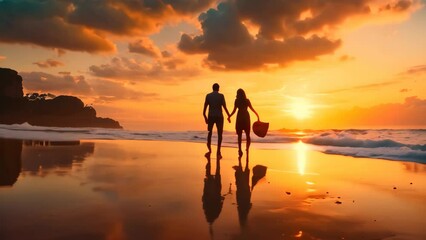 Sticker - Couple walking on the beach at sunset, holding hands and looking at each other, A couple holding hands, walking along a sandy beach during sunrise, AI Generated