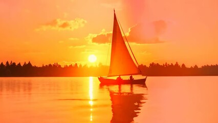 Sticker - Sailing boat on the lake at sunset. Beautiful summer landscape, A couple sailing on a peaceful lake as the sun sets, AI Generated