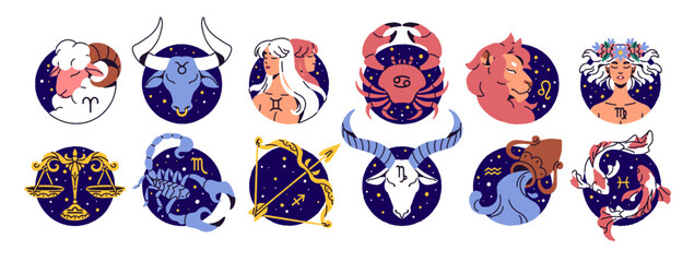 Twelve zodiac signs set. Round symbols of astrology horoscope: Aries, Taurus, Gemini, Leo, Virgo, Pisces. Abstract stars constellation calendar. Flat isolated vector illustration on white background