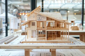 Detailed Cutaway House Model in Plywood on Table with Modern Blueprints and Professional Lighting