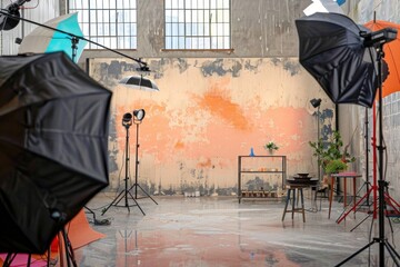 Photo studio with a variety of lighting equipment and a painted backdrop in warm colors