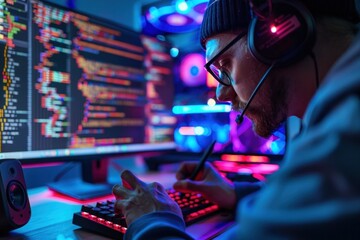 Focused Male Gamer Using Computer Playing Online Video Game With Headset