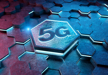 Poster - 5G icon concept engraved on metal hexagonal pedestral background. Wireless technology logo glowing on abstract digital surface. 3d rendering
