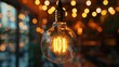 lose-up view of illuminated vintage filament light bulb against blurred background