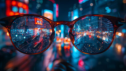 Wall Mural - City lights reflected in eyeglasses offering a vibrant urban view