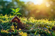 Close-up of miniature toy model house with a plant on the roof on a green meadow background in sunlight. Eco Village, abstract environmental background. Home ecology concept