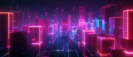 Virtual reality, neon abstract background with glowing cubic shapes, isolated on black, cyber city in virtual reality, laser light show in 3D