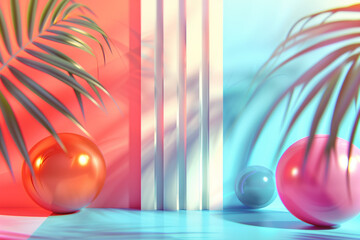 Poster - Abstract colorful background with balls and palm leaves. Background image. Created with Generative AI technology.