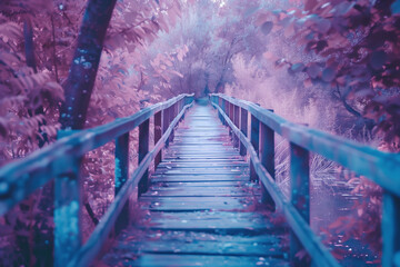 Poster - Wooden bridge in a magic pink blossom park. Background image. Created with Generative AI technology.