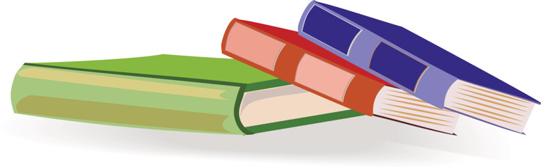 Vector illustration of books in a stack,loosely stacked on top of each other.Textbooks in hardcover, green, blue, orange.The picture is drawn by hand,element for stickers, games,books,presentations.