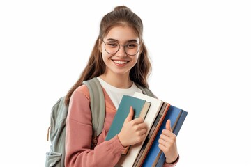 A young student girl holding books with a thumbs up gesture against a white background