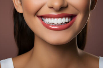 A close-up shot of the lower portion of a woman's Charming smile with white teeth for dental service promotions