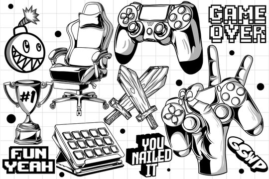 Gaming retro set of objects. Classic retro console gaming illustration in graffiti style