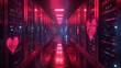 Red glowing hearts in data center symbolizing love for technology