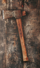 Poster - Antique axe head on weathered wooden background.