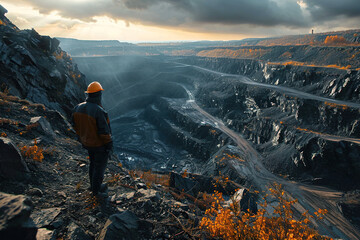 A worker in a hard hat stands near a coal mine. Mining concept. Environmental pollution. Generative AI