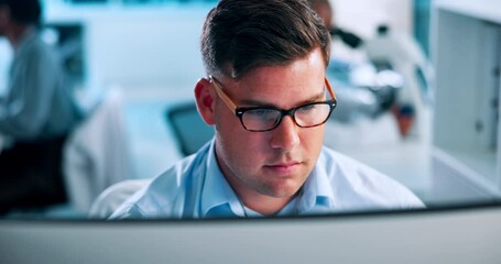 Fototapete - Science, research and man at computer reading online results in pharmaceutical study in laboratory. Glasses, reflection or person checking website with medical innovation, technology or lab ideas