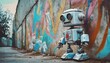 cute robot near graffiti wall 