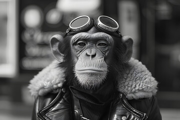 a black and white photo of a monkey wearing goggles and a leather jacket with a sign in the background.