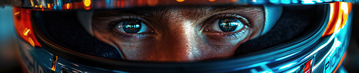 eyes of a male driver Formula One racer pilot in helmet in a racing car F1 driving on track at a race competition