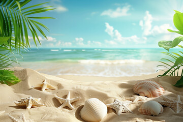 Poster - Shells and starfish on the beach. Framed with palm leaves. Background image. Created with Generative AI technology.