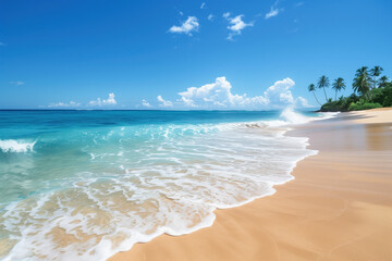 Poster - Tropical beach with palm trees. Welcome to paradise. Background image. Created with Generative AI technology.