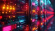 Server racks with blinking lights in a data center