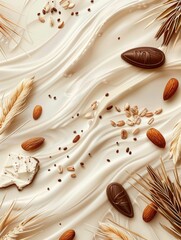 Almonds and Wheat on Silky Cream Background. Generative ai