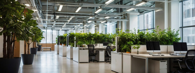 Wall Mural - Nature-friendly office, bustling with activity, emphasizing ESG standards, worker well-being, and environmental care.