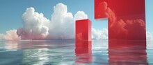 3D Render, Surreal Seascape With White Clouds Going Into The Red Square Portals. Minimal Abstract Background With Simple Geometric Shapes.