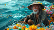 An elderly fisherman sitting in his boat, surrounded by plastic bottles and trash instead of fish,generative ai