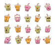 Cute kawaii bubble tea. Milk cocktail with tapioca pearls. Boba drink cartoon characters. Hand drawn style. Vector drawing. Collection of design elements.