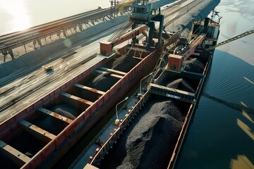 Wall Mural - Coal Barge Being Loaded With Coal at a Mining Port Facility, With Conveyor Belts And Loading Equipment in Operation, Generative AI