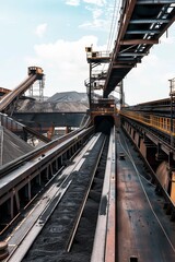 Wall Mural - Coal Barge Being Loaded With Coal at a Mining Port Facility, With Conveyor Belts And Loading Equipment in Operation, Generative AI