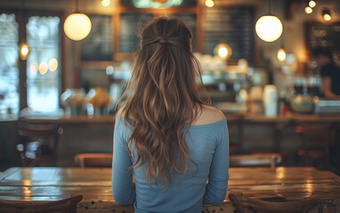 A woman with long brown hair sits at a table in a coffee shop. The atmosphere is cozy and inviting, with the woman looking out the window