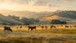 A grazing herd of cows, with rolling hills as the background, during a serene summer morning