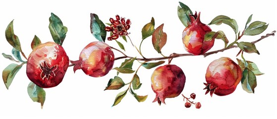 Poster - A watercolor illustration of a pomegranate branch with leaves, flowers, and fruits, isolated on a white background