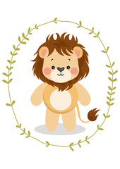 Poster - Cute lion inside an oval leaves border