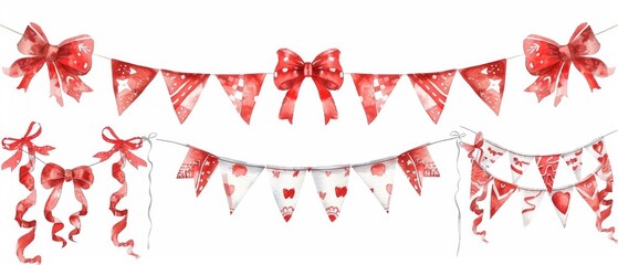 Wall Mural - Watercolor holiday red ribbon bow illustration, framed in a white background, clip art of festive bunting, birthday party design elements