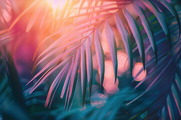 Poster - Tropical background with palm leaves and beautiful sunset. Background image. Created with Generative AI technology.