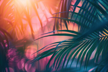 Poster - Tropical background with palm leaves and beautiful sunset. Background image. Created with Generative AI technology.